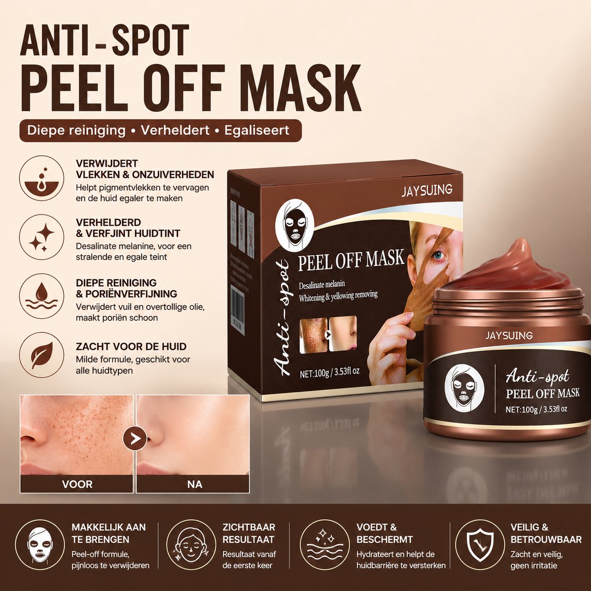 Jaysuing Pro - Peel-Off Masker Tegen Vlekken - Natuurlijke Formule- Verhelderend Gezichtsmasker - Pigmentvlekken Verwijderaar, Huid Verlichtend & Egaliserend - Voor Doffe Huid, Melanine Reductie - Diepe Reiniging - 100g
