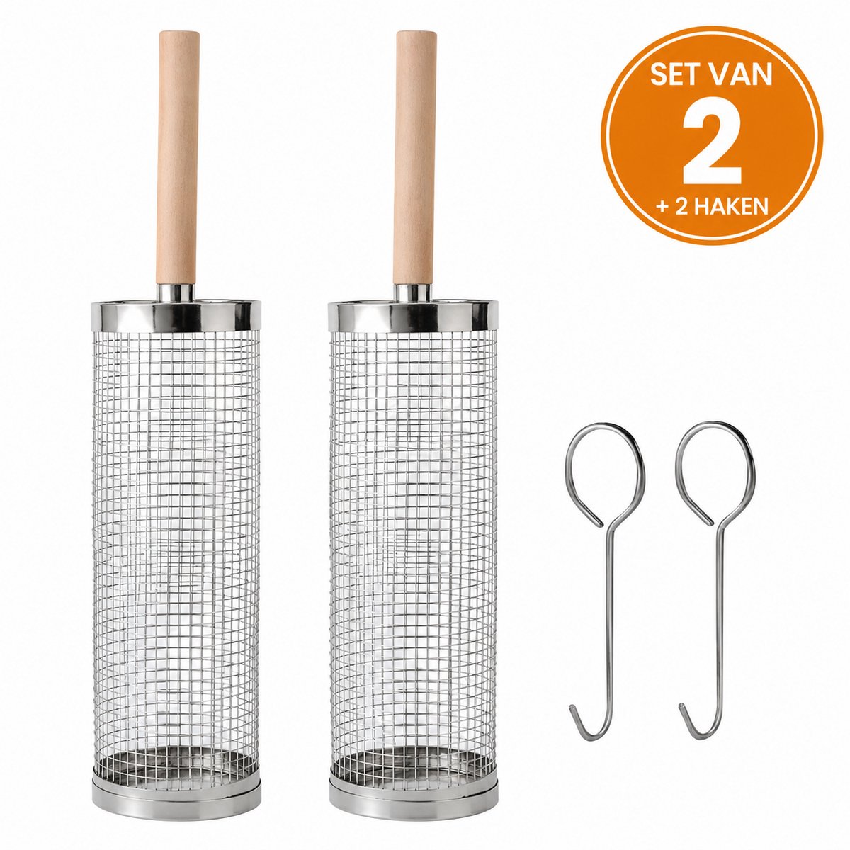 Cliste Rolling Grillmand Set van 2 – Premium RVS BBQ Grill Basket met Houten Handvat - 45cm – Draaiende BBQ Mand voor Groenten, Vlees, Garnalen & Vis – Barbecue Accessoire – Grillkorf voor BBQ & Camping