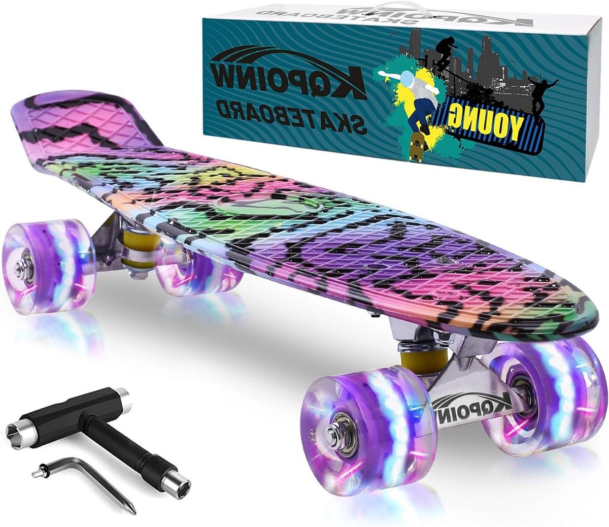 Compleet Skateboard Mini Cruiser Buiten Rijden Knipperende Wielen 55 cm Paarse Sterren