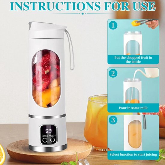Deze draagbare blender heeft 12 messen, een inhoud van 450 ml, is lichtgewicht en draagbaar (500 g), heeft 3 snelheidsstanden, werkt met 12.000 toeren per minuut en wordt geleverd met een oplaadbare USB-C-batterij en een sapbeker. — afbeelding 2