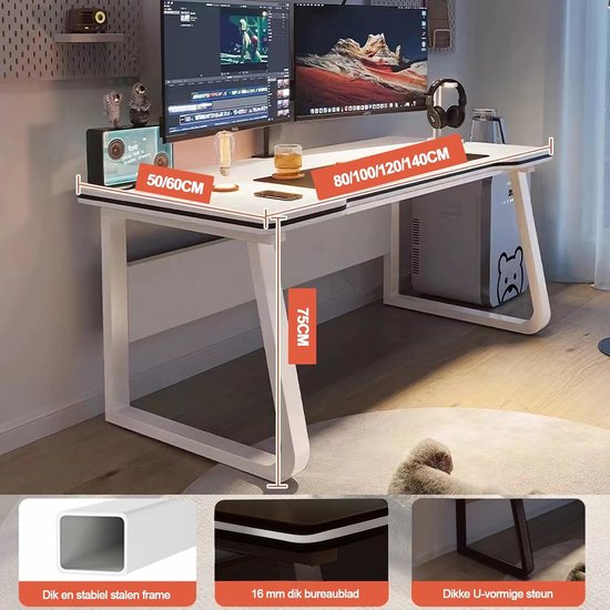 Gaming Bureau - Computer Tafel - Thuiswerken Studeren - Robuuste Constructie - 120x60cm - Wit — afbeelding 4