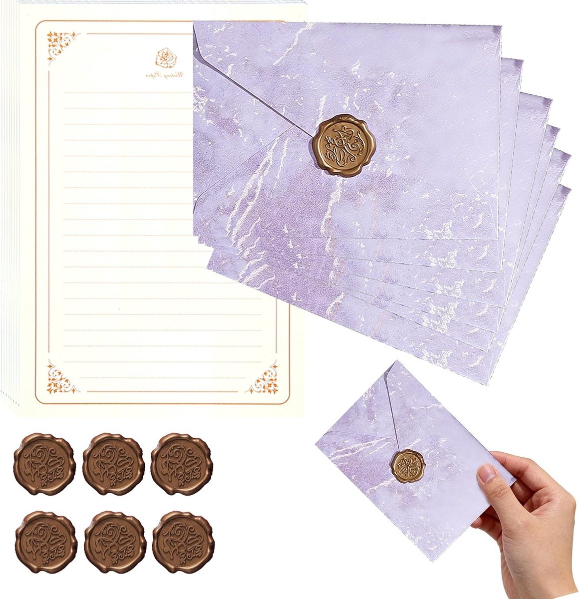 Vintage Briefpapier Set met 20 A5 Schrijfpapier, 6 Paarse Enveloppen en Wax Seal Stickers voor Liefdesbrieven, Trouwinvites en Bedankkaarten
