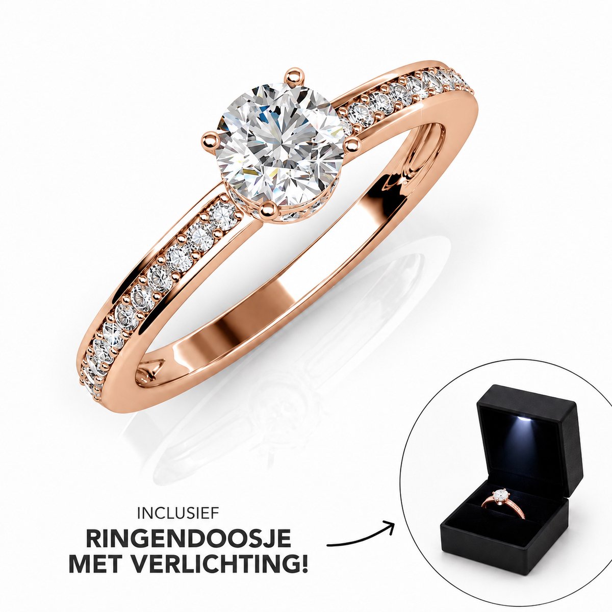 Maison Cécile | Verlovingsring Roségoud – Maat 52 – Solitaire Ring met Zirkonia – Incl. Luxe Ringdoosje met LED Verlichting