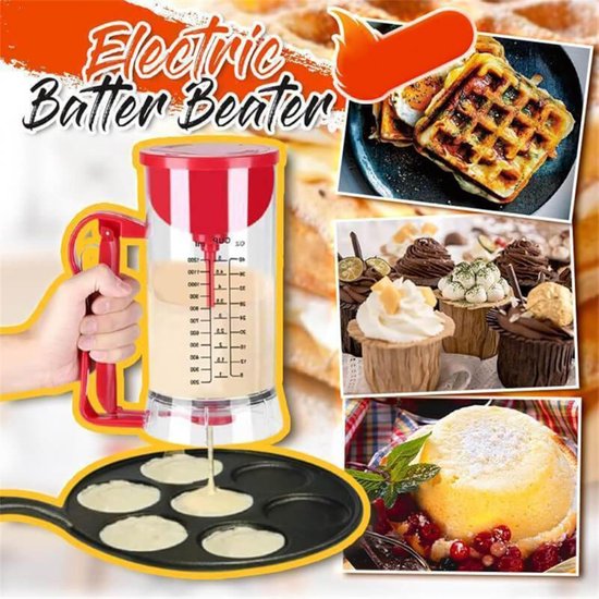 Deegdispenser Mixer - Bakgereedschap Beslag - Pannenkoeken Bakken - Elektrisch Mengen - 1200 ml Inhoud - Transparant Rood — afbeelding 3