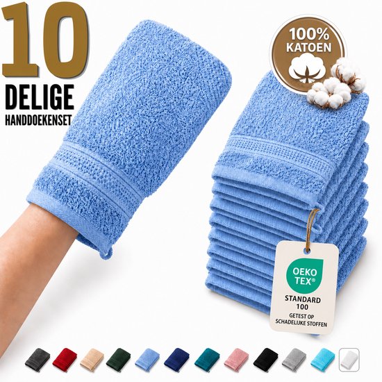 Ensemble de 10 gants de toilette bleu clair 100% coton, avec un motif à rayures sur le bord. Des piles de serviettes sont visibles.