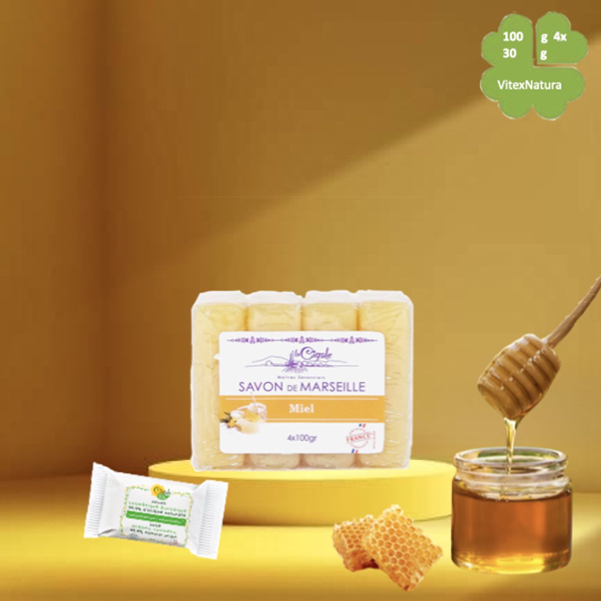 La Cigale Franse Marseillezeep Honing & Glycerine – 4x100g Verzorgende Handzeep + GRATIS BIO Zeepje 30g