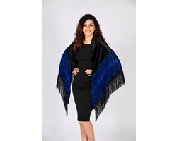 Palestinian Tatreez Shawl Blue& Black - Châle palestinien Tatreez bleu et noir - made in Palestine - Palestijnse Tatreez-sjaal in blauw en zwart