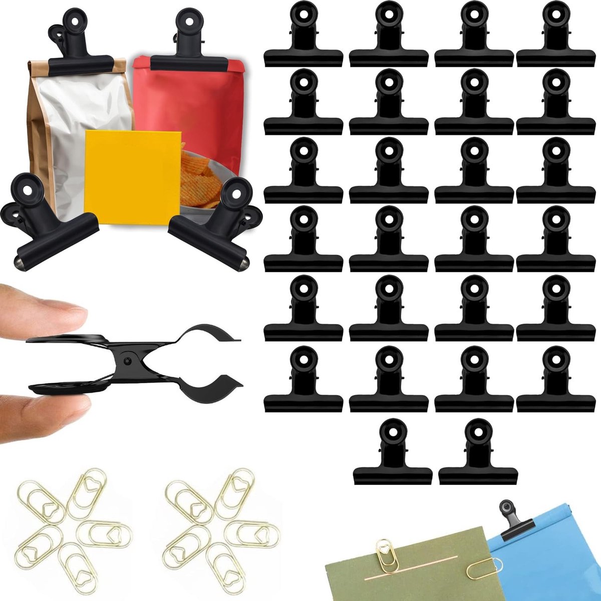 Dailygoods - Set van 30 Zwarte Metalen Bulldog Clips met Gouden Paperclips