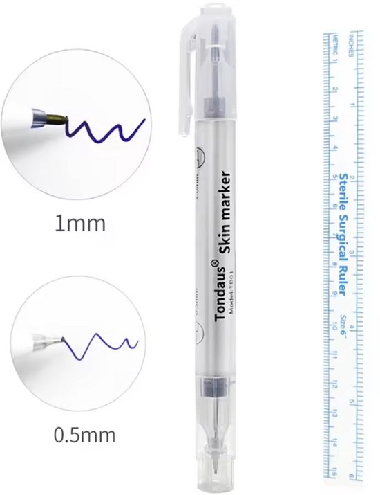 Tondaus Skin marker TD01, zilverkleurige dubbele puntmarker, met twee inzetstukken die 1 mm en 0,5 mm lijnen laten zien, en een blauwe chirurgische liniaal van 6 inch.