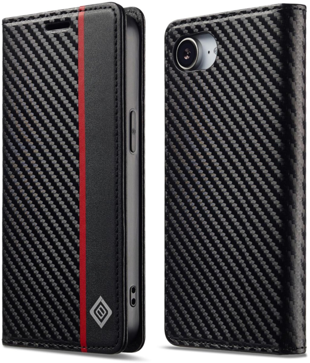 Luxe BoekCover Hoes Etui geschikt voor Apple iPhone 16e - iPhone 17e - Zwart - Rood - Carbon