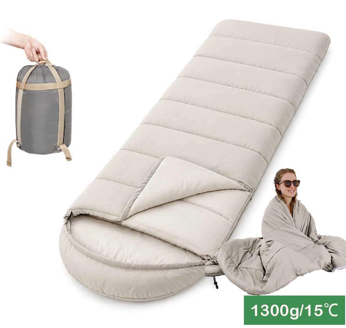 Meedeer 220x75cm Slaapzak-1300g Draagbaar Slaapzak in envelopvorm-Lichtgewicht-Temperatuur comfort 15°C-Voor Camping-Hiken-Buitenhuis-Voor Lente en herfst(Beige)