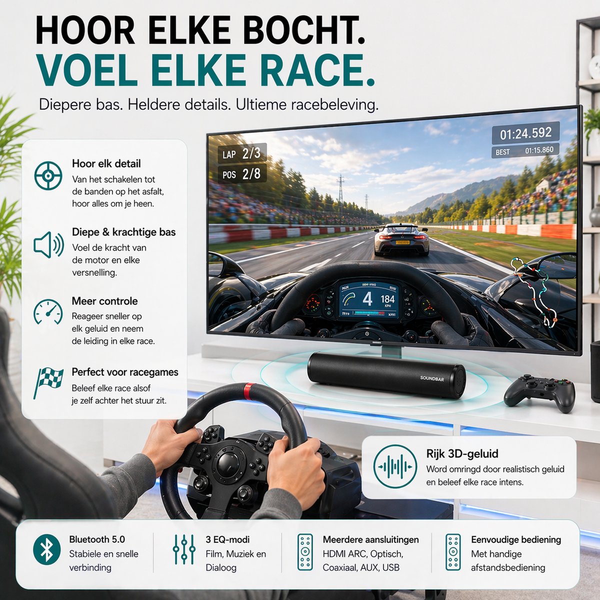 Mini Soundbar Gaming Met Ingebouwde Subwoofer Zwart - afbeelding 3