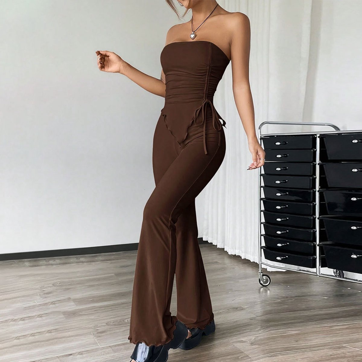 Dames Effen Tube Top met Koord + Lange Broek Twee-in-één Set - Perfect voor Zomer en Feestelijke Gelegenheden