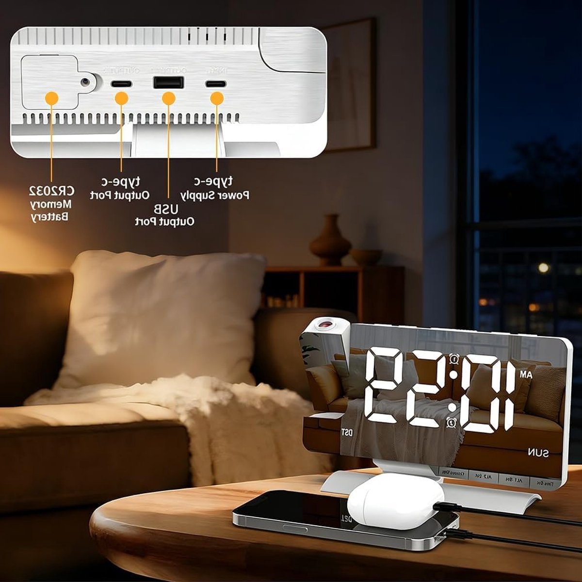 Digitale Projectie Wekkerradio met 180° Draaibare Projector, USB-C Aansluiting, Dimbare Verlichting en 11 Kleuren LED Display voor Slaapkamer en Muurdecoratie – foto 6