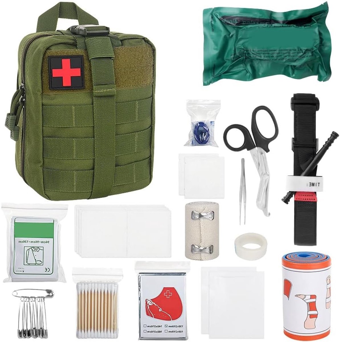 Complete Eerste Hulp Set met 46 Stuks voor Kamperen, Jagen, Wandelen en Thuisgebruik in Army Groen