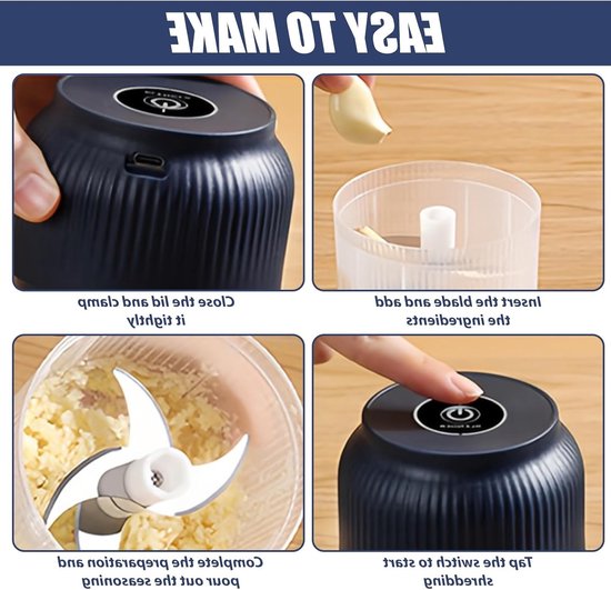 Mini Elektrische Hakker 300 ml Draadloze Hakker voor Keuken met USB Poort - Ideaal voor Knoflook, Uien, Groenten, Fruit en Noten van Merkloos — afbeelding 3