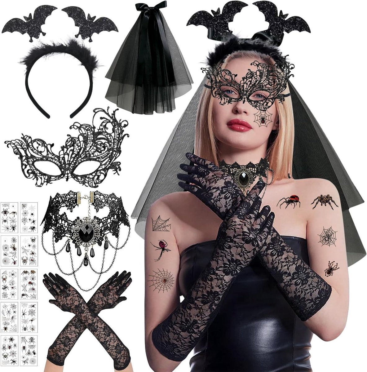 Halloween Kostuum Accessoires voor Vrouwen - Venetiaans Masker, Gothic Sieraden, Sexy Kant Handschoenen en Hoofdband voor Carnaval en Feestjes
