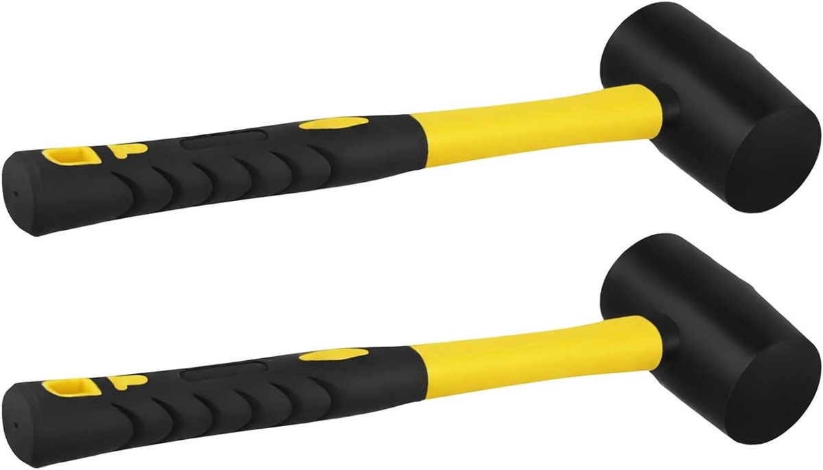Rubberen hamer 16 oz, 260 x 95 mm, 450 g, 2-pack, zwart en geel, ideaal voor doe-het-zelf projecten, camping en houtbewerking