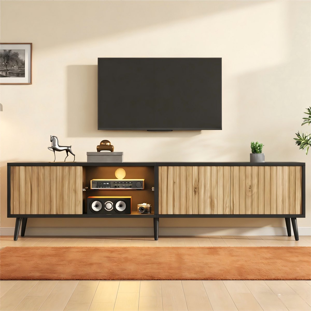 PHOEBE CAT TV-meubel - LED-verlichting - Glazen planken - Geschikt voor een 75-inch TV - Naturel + Zwart