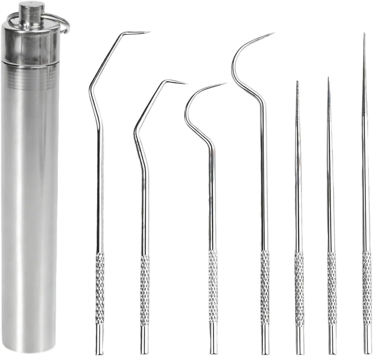 Set van 8 RVS Tandenstokers met Sleutelhanger - Herbruikbare Metalen Tandenstokers voor Kamperen, Picknick en Reizen, Duurzaam en Roestvrij