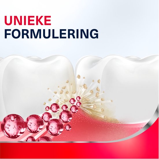 Animatie van tanden met verwijdering van tandplak. Rode bubbels en goudkleurige deeltjes. Tekst: Unieke formulering.