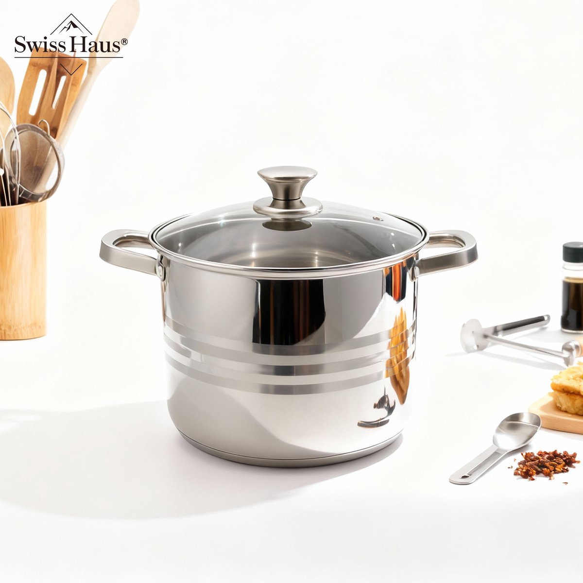 Swiss Haus® NC22SP Soeppan Met Deksel - Ø22cm / 6,8L - Kookpan - Geschikt Voor Inductie & Alle Warmtebronnen - Vaatwasser & Ovenbestendig - RVS — afbeelding 4