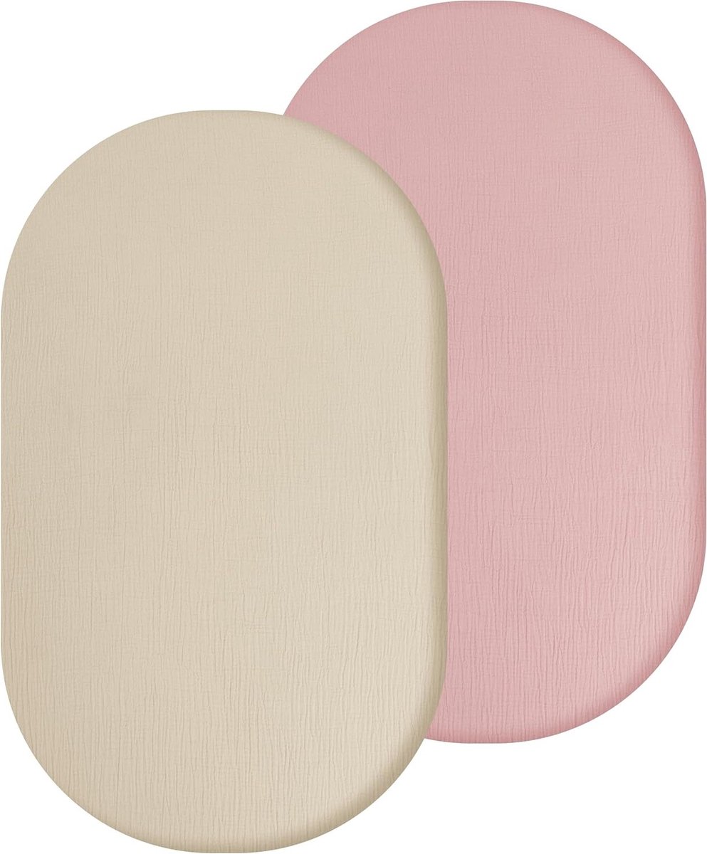 Set van 2 Kinderbed Hoeslakens 55 x 90 cm, 100% Mousseline Katoen, Zacht en Ademend, Beige/Roze