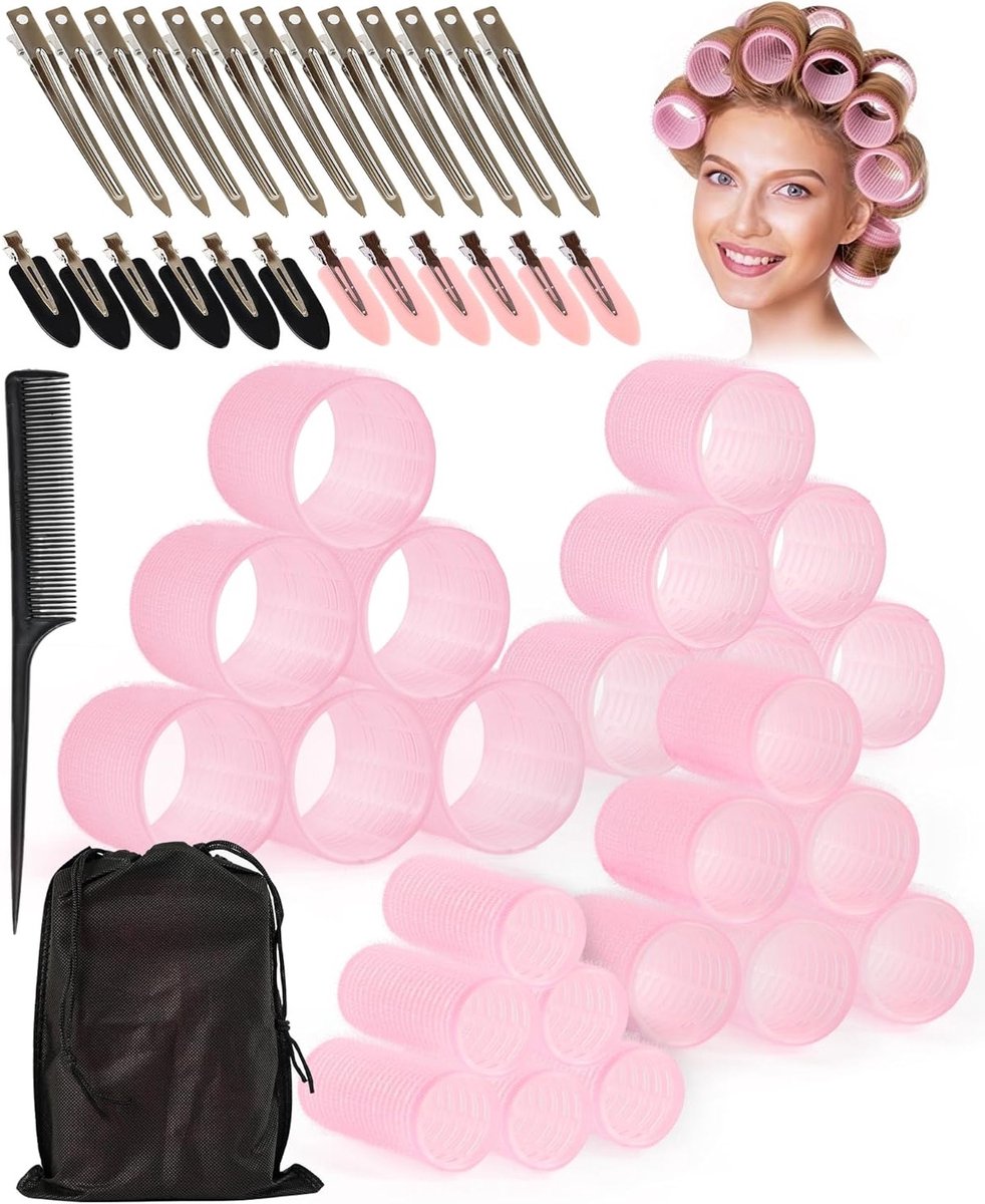 Grote Haarrollers met Clips - 50 Stuks Zelfklevende Haarrollers voor Volume en Krullen - 4 Maten (60/48/36/25mm) Geschikt voor Lang en Kort Haar - Inclusief Puntkam en Opbergtas