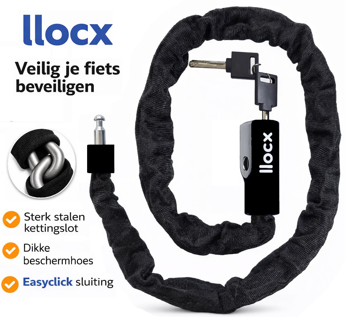 LLOCX® Kettingslot - Fietsslot - Gewicht 800 gram - Gehard Stalen Schakels - Easyclick - 100cm