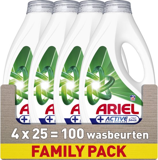 Quatre bouteilles de lessive liquide Ariel avec étiquette verte et blanche 'Active Odor Defense Febreze'. Pack cartonné avec texte '4 x 25 = 100 lavages FAMILY PACK'.