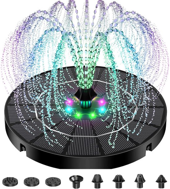 Zonne-energie fontein met regenboogkleurige LED-verlichting en 7 sproeikoppen.
