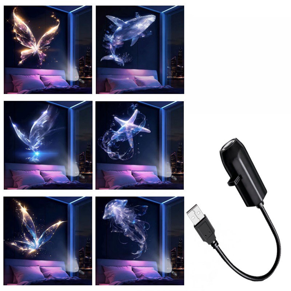 Projectielamp - Nachtlampje Kind - 360 Graden Roterend Sfeerlicht - Inclusief 6 Projectieplaten - USB Aansluiting - Oceaan Projector Babykamer