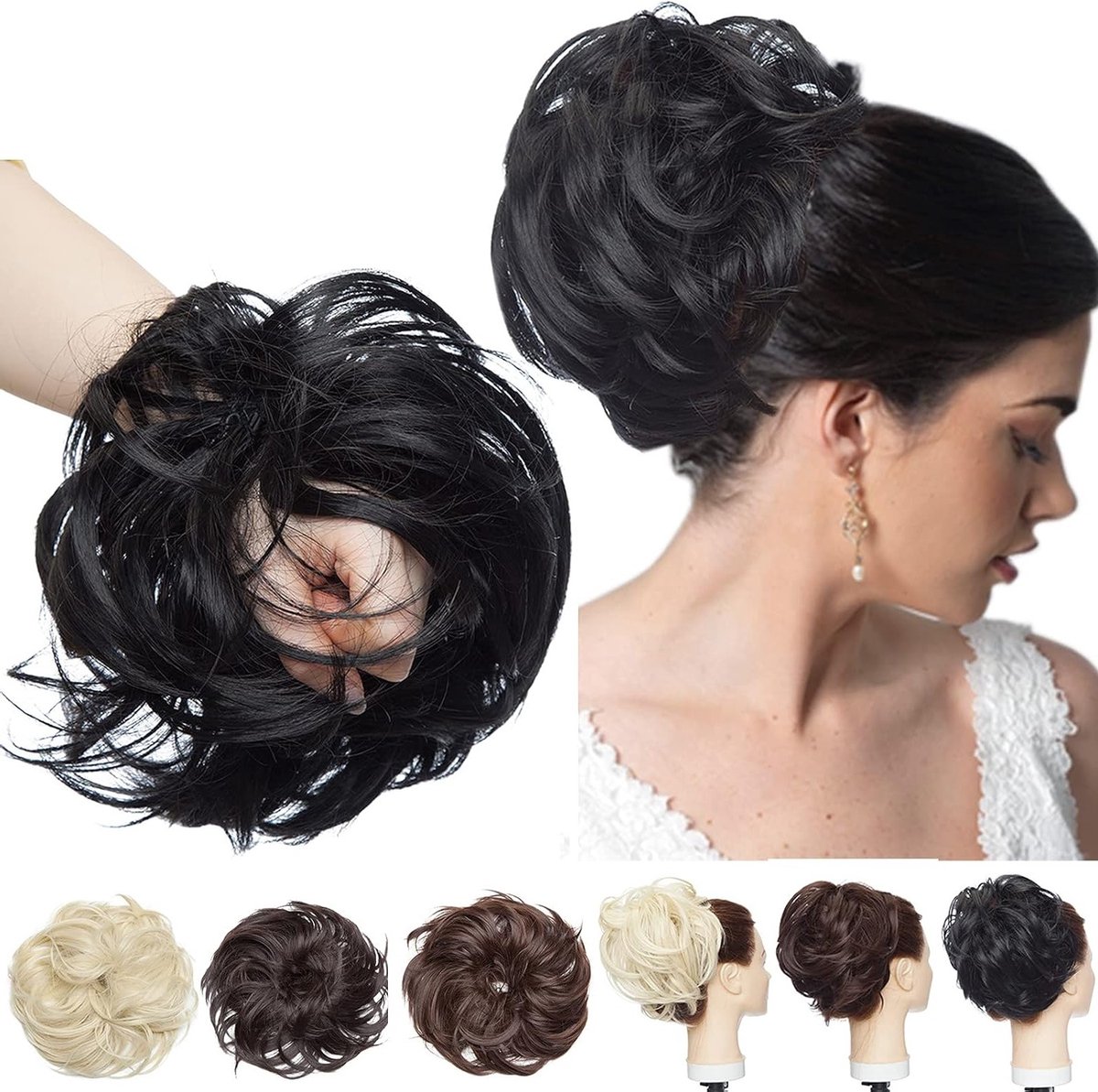 Grote Haarstuk voor Updo met Elastiek - 80g Volumineus Messy Golvend Haar in Zwart
