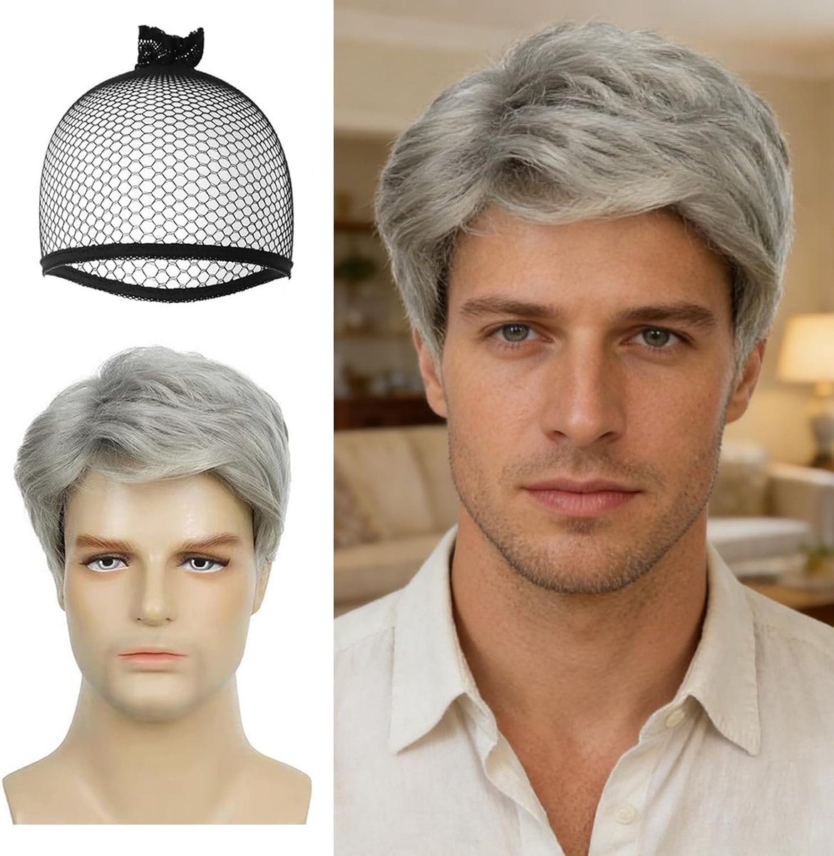 Korte Grijze Perücken voor Mannen, Cosplay en Verkleedpartijen, 70s 80s Disco Stijl, Krullend en Fluffy, Perfect voor Halloween en Feestjes