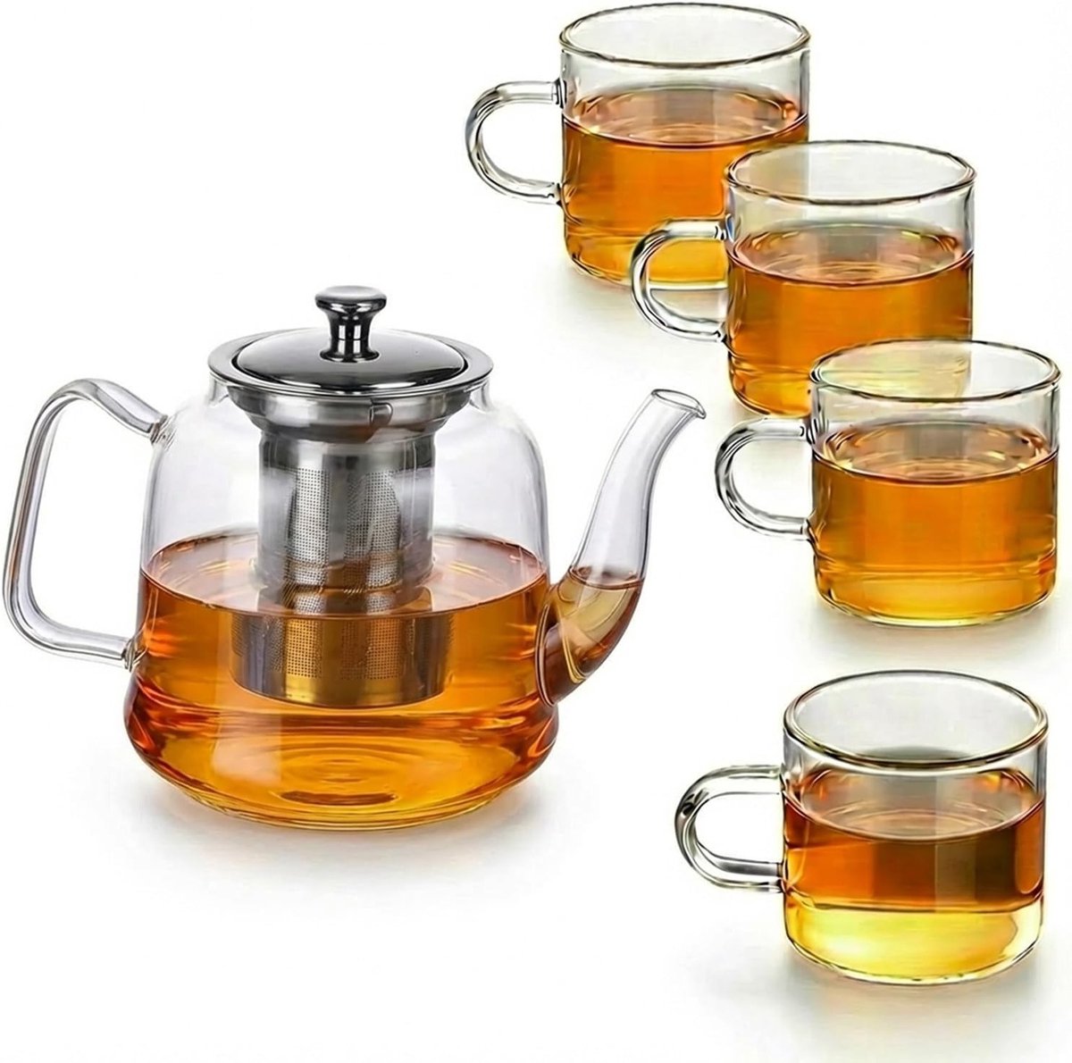Grote glazen theepotset van 1,5 liter met zeefinzet – vaatwasmachinebestendige theeset met 4 kopjes voor losse thee, ideaal voor theefeestjes en als cadeau