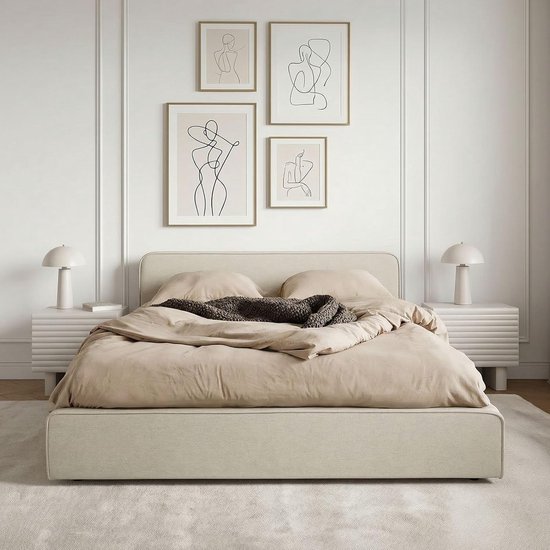 Gestoffeerd tweepersoonsbed 120x200 cm met lattenbodem en gevoerd hoofdeinde – modern beige bedframe van metaal met stabiele kunststof poten, slaapkamer & logeerkamer bed 215 x 132 x 71 cm – Laura