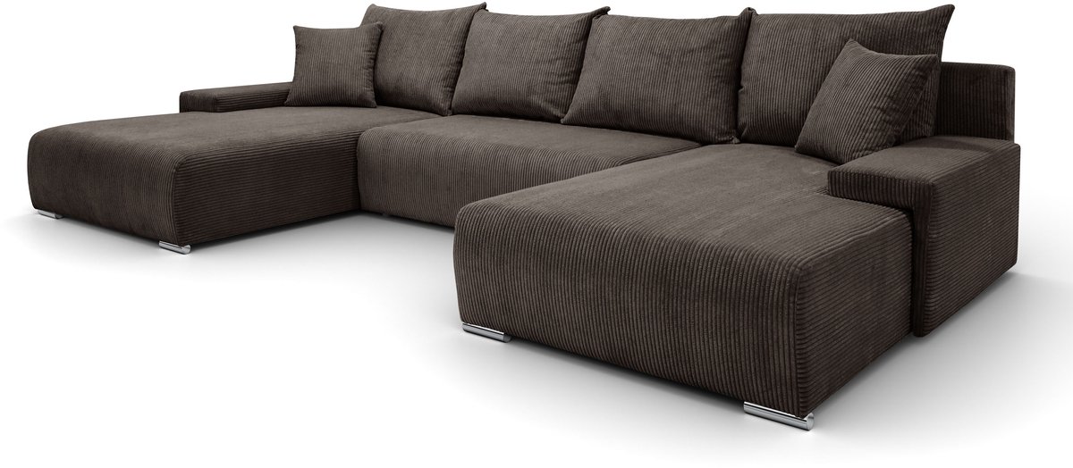 Hoekbank Lauren U-vorm, 348x188 cm met Slaapfunctie en Opbergbak, 5-zits, Opbergruimte voor Beddengoed, Grote bank, Hoekbank, Corduroy, Bruin