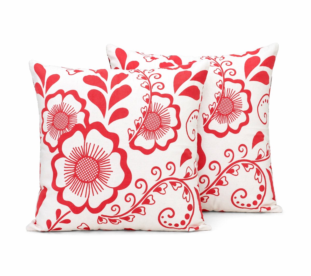Urbane Hide Set van 2 Luxe Kussenhoezen 45x45 cm | Katoen Canvas Kussenhoes | Woonkamer Decoratie | Rood Bloemen Design | Digitale Print | Cushion Cover wit
