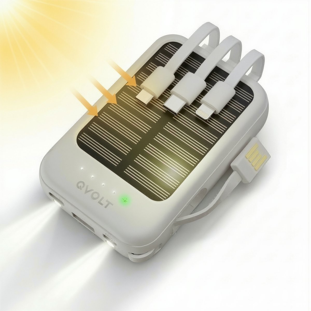 Solar Charger Powerbank - Zonne Powerbank 5000 mAh - USB-A&USB-C - Mini Powerbank Zonneenergie - Universeel - met Zaklamp - Solar Panel Powerstation - Portable Charger - Incl. Kabels - Lichte met Zonnepanelen - Accu Noodpakket - Wit - Soundlogic