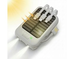 Solar Charger Powerbank - Zonne Powerbank 5000 mAh - USB-A&USB-C - Mini Powerbank Zonneenergie - Universeel - met Zaklamp - Solar Panel Powerstation - Portable Charger - Incl. Kabels - Lichte met Zonnepanelen - Accu Noodpakket - Wit - Soundlogic