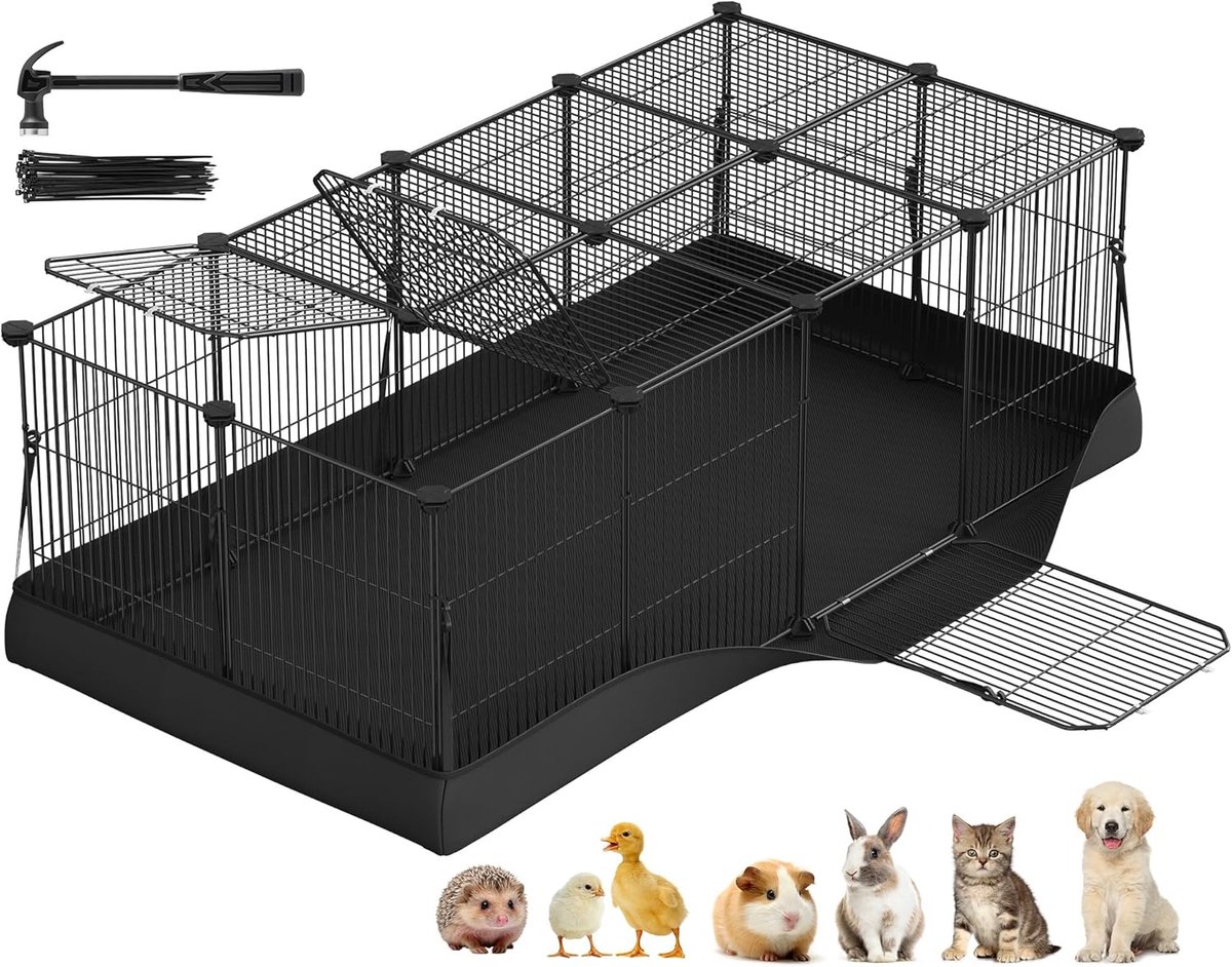 SONGMICS LPI012BH01 Small Animal Fence Park Waterdichte dubbele deurmat voor konijnen Cavia 20 panelen 123 x 63 x 41,5 cm zwarte inkt