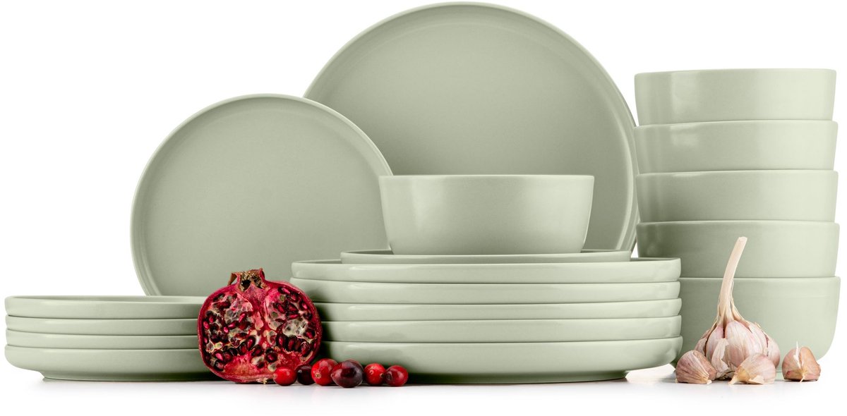 KONSIMO® VICTO - 18 delig - 6 persoons - Keramiek - Dessertbord, Kom, Dinerbord - Beige/Groen/Matgrijs