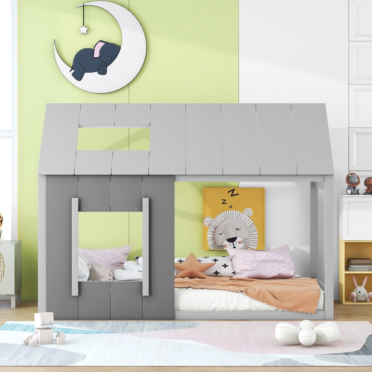 VVBV Kinderbed 90x200 cm met Voor Kinderen/Tieners, Huisdesign - Donkergrijs/Lichtgrijs
