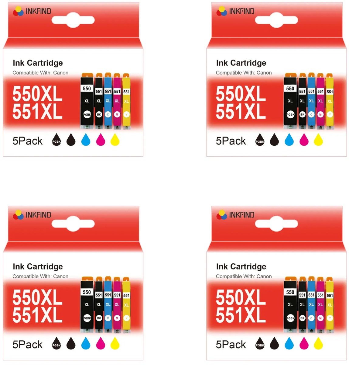 INKFIND 550XL 551XL inktcartridge voor Canon PGI550XL CLI551XL PGI-550XL CLI-551XL inktcartridge multipack 20 stuks (4*5pack=Zwart x 4, foto Zwart x 4, Cyaan x 4, Magenta x 4, Geel x 4) voor Canon Pixma IP7250 IP8750 IX6850 MG5450 MG5550 MG5600 MG56