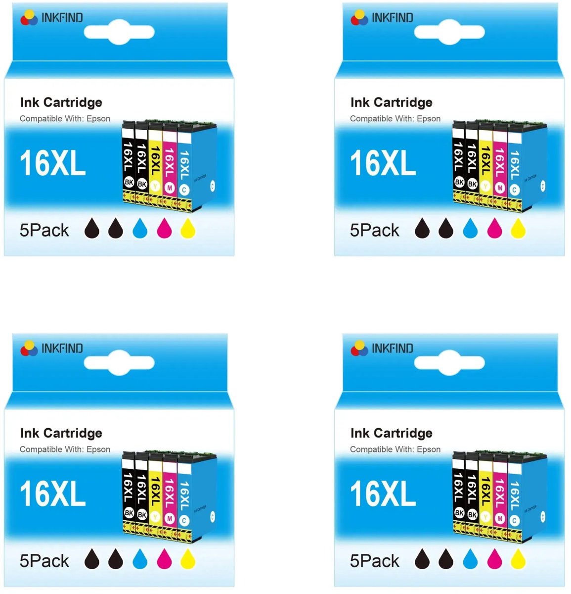 INKFIND 16XL Inktcartridges voor Epson16 Epson16XL Epson 16XL | multipack van 20 stuks (4 x 5pack= 8 x Zwart, 4 x Cyaan, 4 x Magenta, 4 x Geel) voor Epson Workforce WF-2010W/2510W/2520NF/2530WF/2540/2630WF/2650WF/2660WF/2750DWF/2760DWF