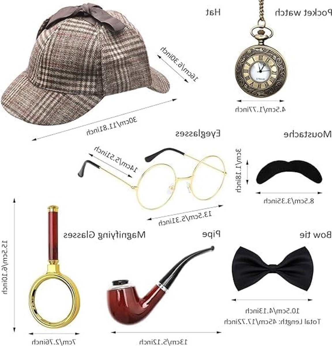 Detective Kostuum Accessoires Set met Hoed, Bril, Valse Snor en Vergrootglas voor Carnaval en Cosplay Feestjes