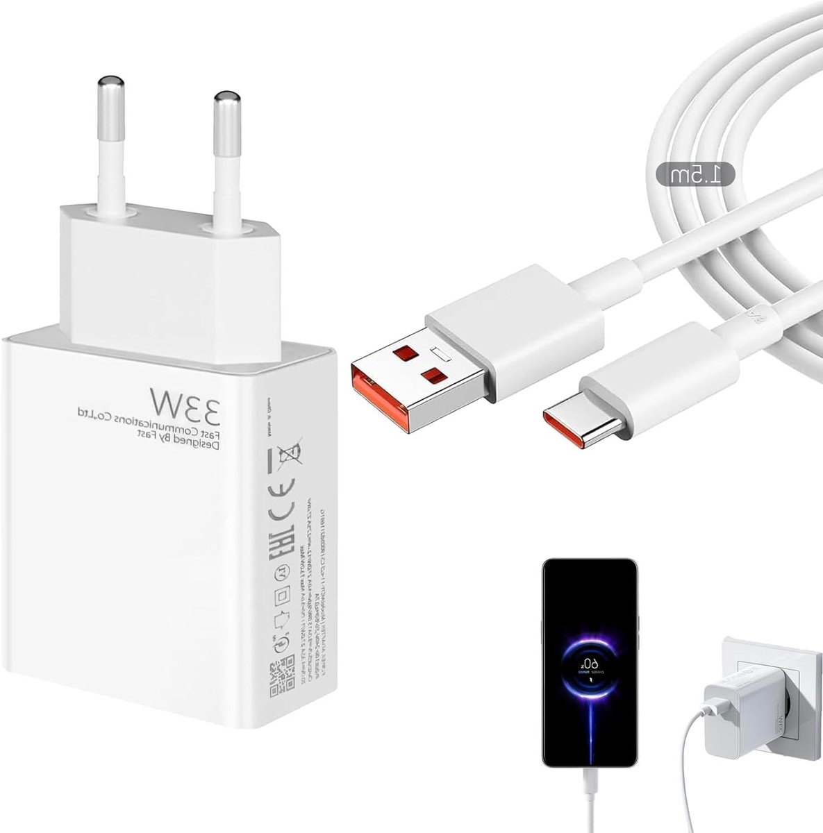 33 W USB C oplader met 6 A oplaadkabel van 1,5 m voor snelle oplading van smartphones en tablets, compatibel met diverse modellen