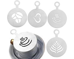 Set van 4 RVS Koffiestencils voor Cake Decoratie en Gepersonaliseerde Latte Kunst met Professionele Cappuccino Sjablonen
