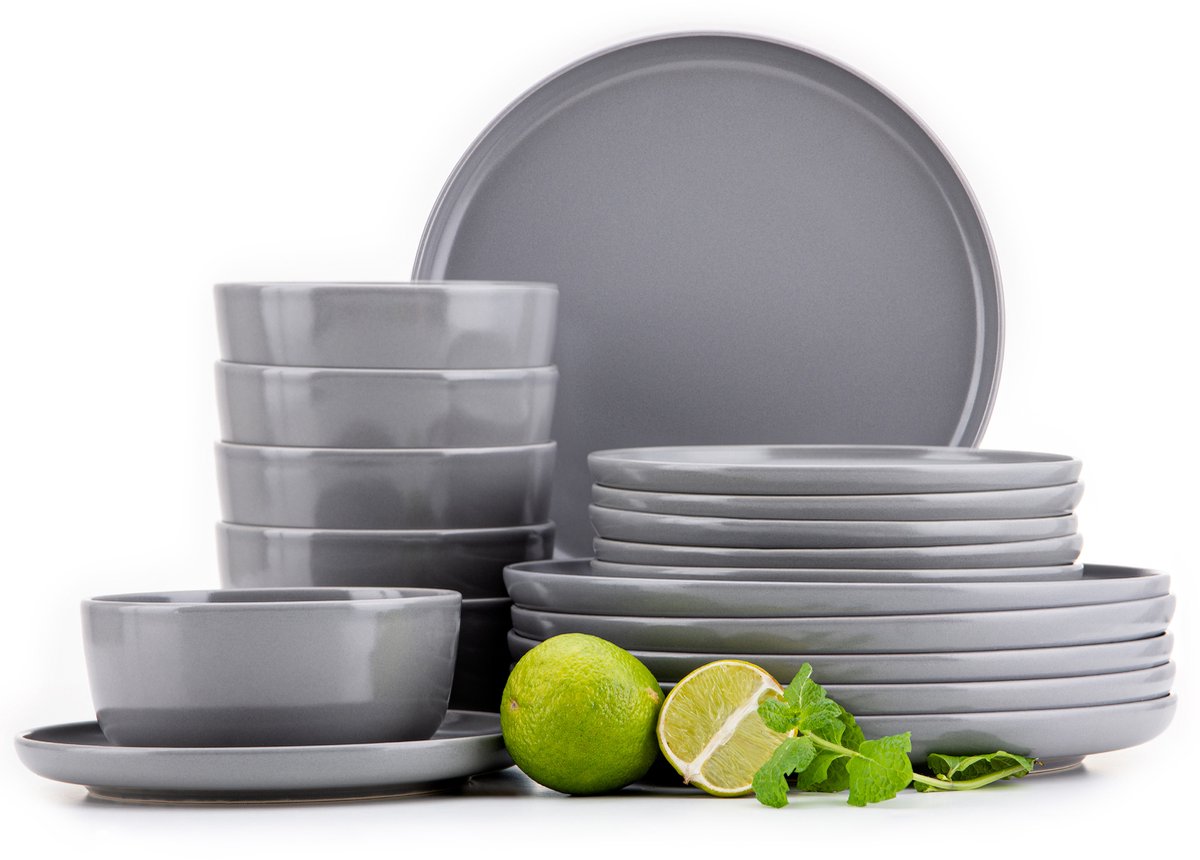 KONSIMO® VICTO - 18 delig - 6 persoons - Keramiek - Dessertbord, Kom, Dinerbord - Grijs