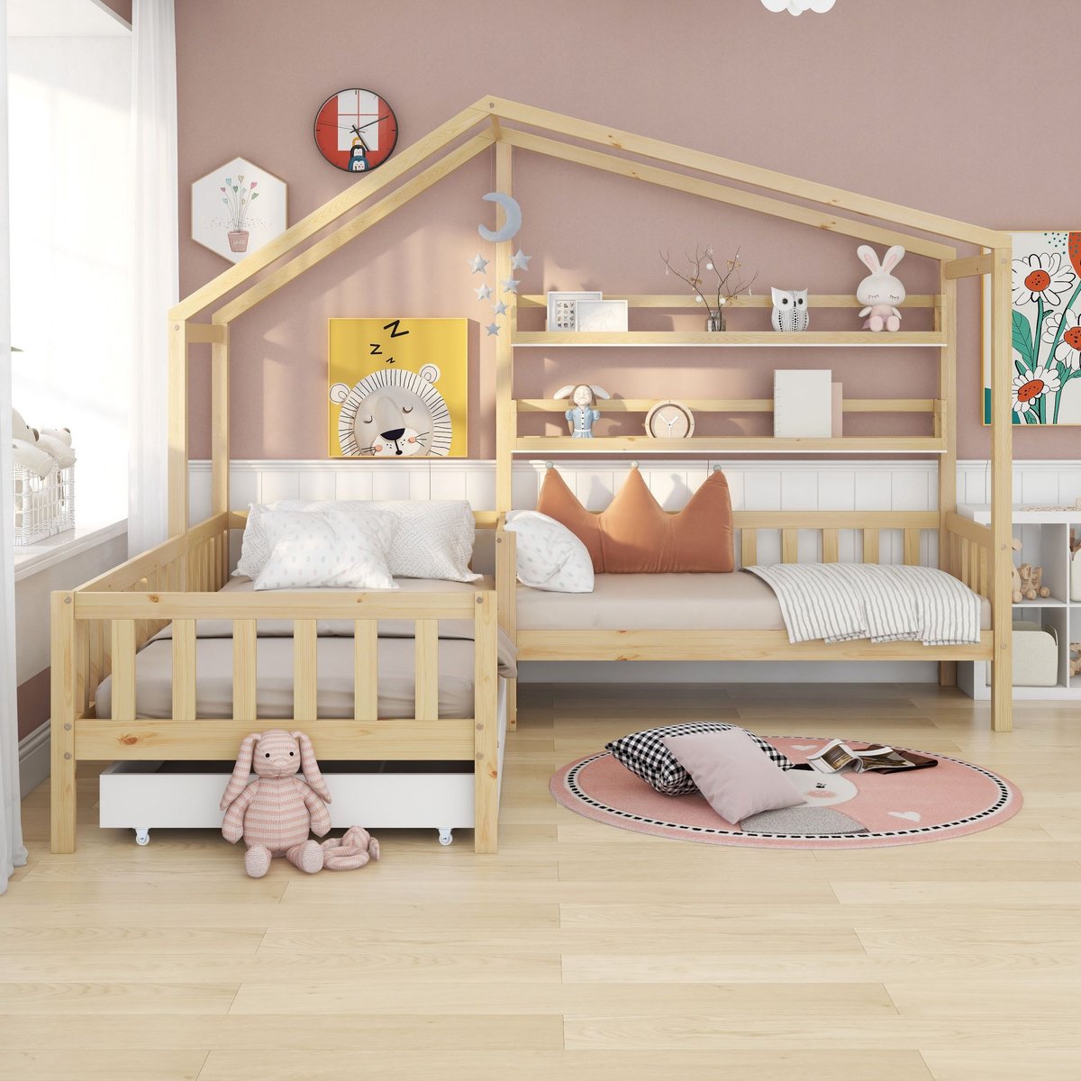 VVBV Huisbed 90x200 – Matras Niet Inbegrepen – Huisbed 90x200 – Kinderbed 90x200 – Massief Hout – Natuurlijk Hout – Lades – Opbergruimte – Lattenbodem Houtkleur | Met Lade